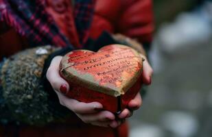 AI generated person holding a heart shaped box with text on it photo