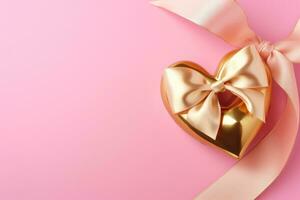 AI generated gold heart shapes and ribbons on a pink background photo