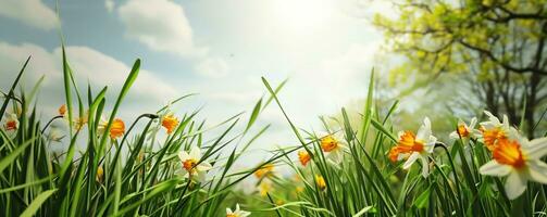 AI generated green grass with butterflies and daffodils photo
