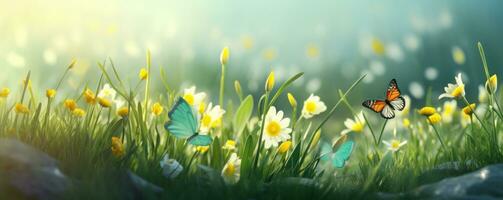 AI generated green grass with butterflies and daffodils photo