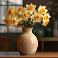 AI generated some daffodils are in a brown vase photo