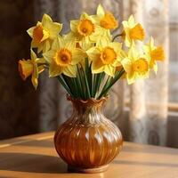 AI generated some daffodils are in a brown vase photo