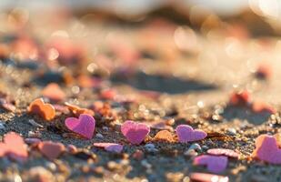 AI generated pink hearts and glitter are scattered throughout bright orange sand photo