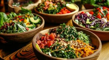 AI generated several bowls of salads on a table photo