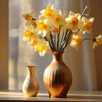 AI generated some daffodils are in a brown vase photo