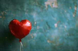 ai generado rojo corazón globo en frente de un azul habitación foto