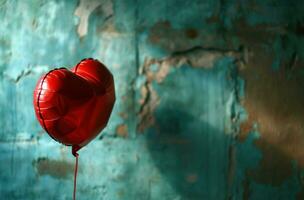 ai generado rojo corazón globo en frente de un azul habitación foto