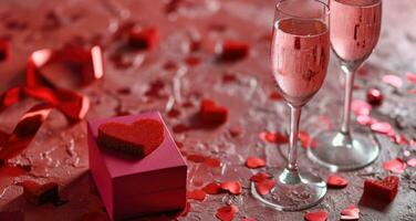 AI generated pink champagne and red heart confetti stand next to a pink heart box photo