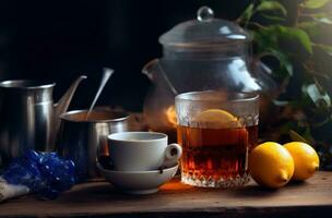 AI generated tea cups on wooden table on dark background photo