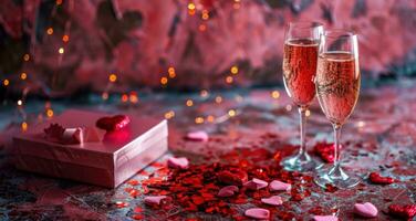 AI generated pink champagne and red heart confetti stand next to a pink heart box photo