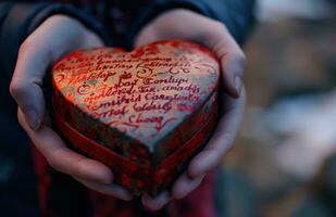 ai generado persona participación un corazón conformado caja con texto en eso foto