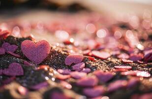 AI generated pink hearts and glitter are scattered throughout bright orange sand photo