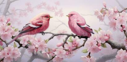 AI generated two birds are seated on a pink blossom branch photo