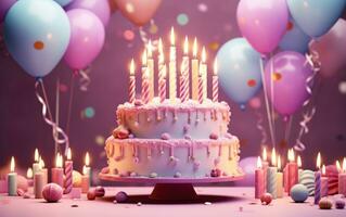 AI generated the birthday cake with candles and balloons photo