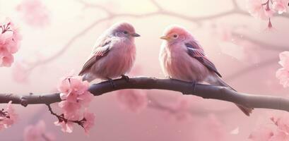 AI generated two birds are seated on a pink blossom branch photo