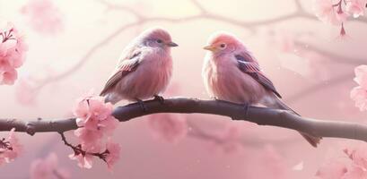 ai generado dos aves son sentado en un rosado florecer rama foto