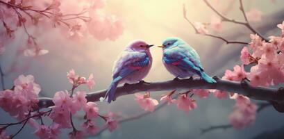 AI generated two birds are seated on a pink blossom branch photo