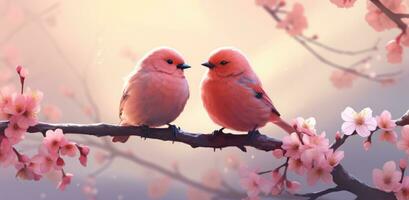 ai generado dos aves son sentado en un rosado florecer rama foto