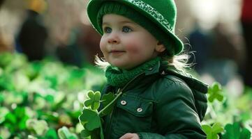 AI generated a toddler at the st patricks day parade surrounded by shamrocks photo