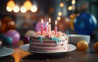 ai generado un cumpleaños pastel iluminado arriba con velas en el cocina foto