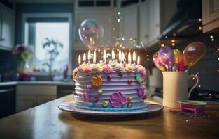 ai generado un cumpleaños pastel es iluminado arriba en parte superior de un cocina mostrador foto