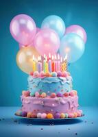 AI generated a birthday cake with birthday candles and balloons on a blue background photo