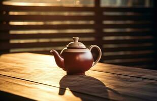 AI generated a white teapot on a wooden table in early sunlight photo