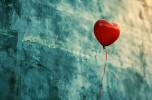 ai generado un rojo corazón globo en el aire con un rojo línea a través de eso foto