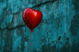 ai generado un rojo corazón globo en el aire con un rojo línea a través de eso foto