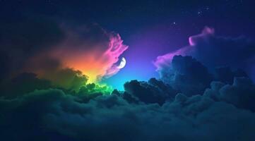 ai generado un arco iris nube es siendo iluminado arriba por el ligero de Luna color nube foto