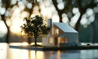 AI generated a small model house with a tree in the background photo