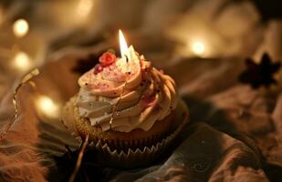 AI generated a pretty small cupcake is lit up with a candle photo