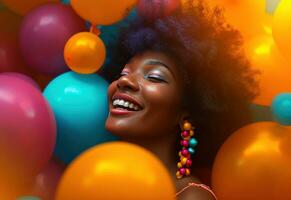 ai generado un contento hermosa joven mujer con grande afro tiene divertido con globos foto