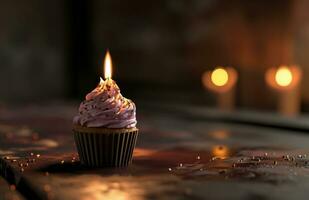 AI generated a pretty small cupcake is lit up with a candle photo