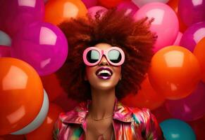 ai generado un contento hermosa joven mujer con grande afro tiene divertido con globos foto