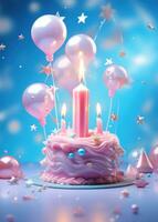 AI generated a pink birthday candle cake is surrounded by stars and balloons photo