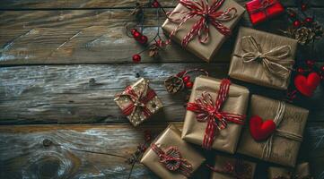 ai generado enamorado regalo tutoriales con regalo caja en un rústico madera antecedentes foto