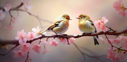 ai generado dos aves son sentado en un rosado florecer rama foto