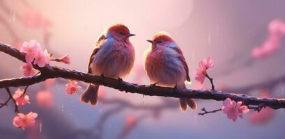 ai generado dos aves son sentado en un rosado florecer rama foto