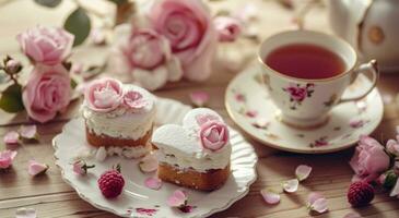 AI generated two cakes and cups of tea in the shape of hearts and flowers photo