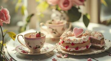 AI generated two cakes and cups of tea in the shape of hearts and flowers photo