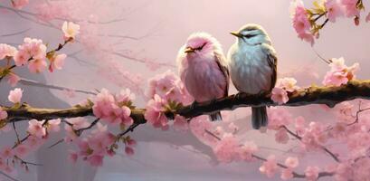 ai generado dos aves son sentado en un rosado florecer rama foto