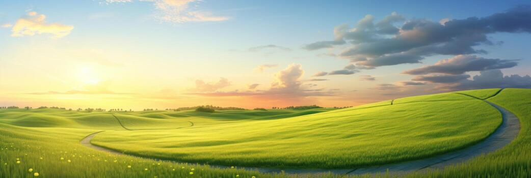 AI generated a path through a green field towards sunset photo