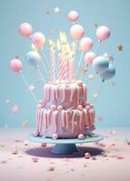 AI generated a pink birthday candle cake is surrounded by stars and balloons photo