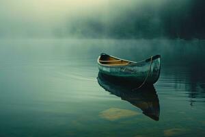 ai generado un pequeño canoa es visto flotante en el agua niebla foto