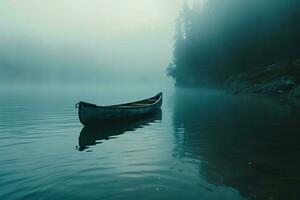 ai generado un pequeño canoa es visto flotante en el agua niebla foto