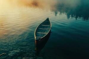 ai generado un pequeño canoa es visto flotante en el agua niebla foto