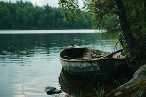 ai generado un fila barco atracado en un lago con arboles y agua, foto