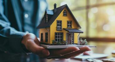 AI generated a business man hands over a paper model with a house model photo