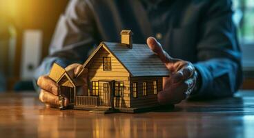 AI generated a business man hands over a paper model with a house model photo